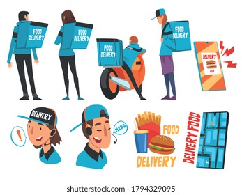Food Express Delivery Service Set, Online Ordering, Couriers Wearing Blue Uniform Carrying Backpack Boxes Cartoon Style Vector Illustration