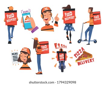 Food Express Delivery Service Set, Tasty Pizza Online Ordering, Couriers Wearing Red Uniform Carrying Backpack Boxes Cartoon Style Vector Illustration