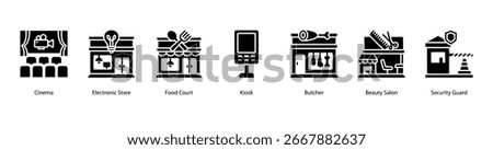 Food and Facilities web banner vector illustration featuring Cinema, Electronic Store, Food Court, Kiosk, Butcher, Beauty Salon, and Security Guard.