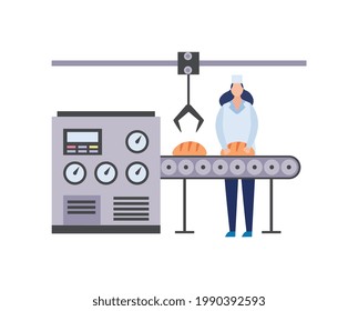 Food factory bakery equipment conveyor line with worker character, flat vector illustration isolated on white background. Bread production industry machinery.