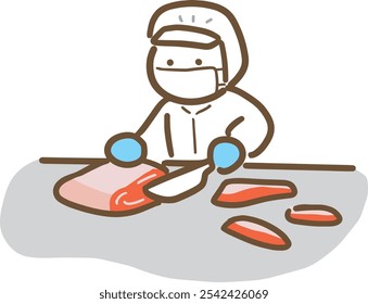 Food factory staff cutting meat