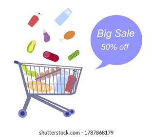 Food falls into trolley and inscription big sale, a vector chart