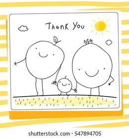 Food family thank you card vector illustration. Sketch, scribble style doodle, with fruits, vegetables.