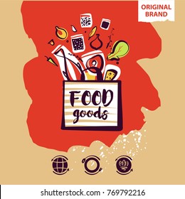 Food farm goods. Silhouette open package with meal ingredient. Template logo. Concept image, banner, poster, flyer for shop, market, store, boutique with eco farm product. 
