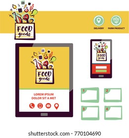 Food farm goods. Silhouette open package with meal ingredient. Template logo. Concept image, banner, poster, flyer for shop, market, store, boutique with eco farm product. 
