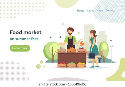 Food farmer market on summer fest, food street fair family festival. Cart of the street market with products. Seller selling girl vegetables produce fresh vegetables, fruits from the counter vector