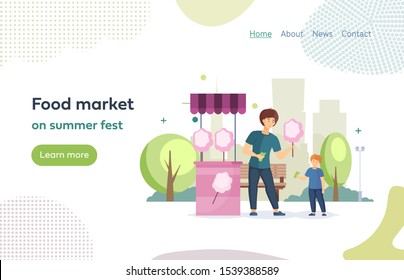 Food farmer market on summer fest, food street fair family festival. Cart of the street market with cotton candy. Seller sells kid cotton candy on a stick cartoon vector illustration