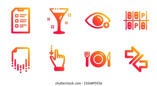 Food, Farsightedness and Parking place line icons set. Recovery file, Cocktail and Checklist signs. Touchscreen gesture, Synchronize symbols. Restaurant, Eye vision. Business set. Vector