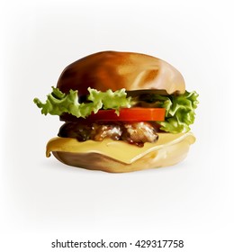 food, fast food, burgers, salads, chicken, steak, cheese, tomato, illustration, detailed drawing hands vector