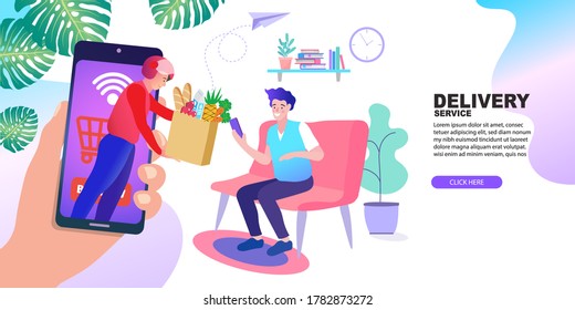 Food and fast food delivery online on smartphone business concept design vector illustration. E-commerce. quick shipping a parcel around city by motorcycle staff.