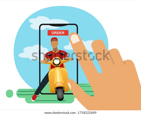 Food and fast food delivery online on\
smartphone. Food service. Food delivery boy on scooter. Business\
concept design.Vector\
illustration.