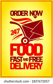 Food fast and free delivery, vector banner with fast box, 24/7 delivery poster