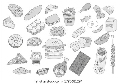 Food. Fast food. Ready meals. Vector. Sketch. Thematic selection