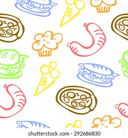 Food. Fast food. Schematic representation. Sandwich. Burger. Pizza. Cupcakes and muffins. Sausage. Ice cream and balls of ice cream in waffle cup. Vector seamless illustration. Color drawing.