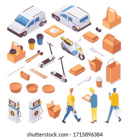 Food and fastfood delivery isometric. Car or van, package set, couriers in different poses. Vibrant set good for contactless service