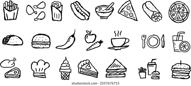 Food and Fast-Food Related Icons Hand Drawn Vector Set