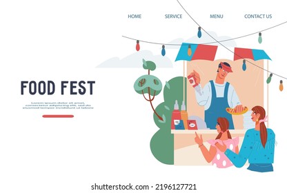 Food fest web banner or landing page mockup, flat vector illustration. Street food festival or food market website interface with cartoon vendor in stall and buyers.
