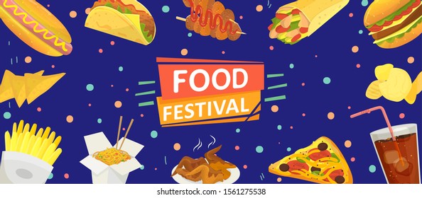 Food festival banner poster vector illustration. Celebration flyer template. Fast food hamburgers, french fries, chips, hot dogs, fried chicken, pizza, lemonade. Party invitation.