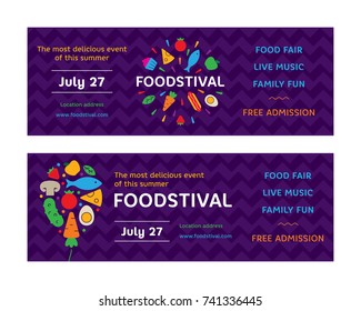 Food Festival flyers design template. Street fair logotype illustration with fresh fruits and vegetables icons. Vector graphic firework and balloon symbol with cake, hotdog