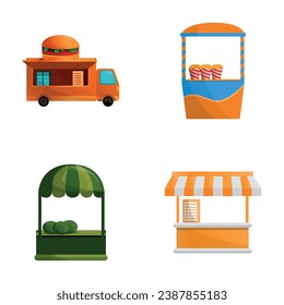 Food festival icons set cartoon vector. Grocery kiosk and food truck. Street food