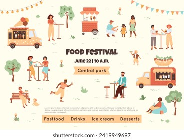 Ilustración del festival de comida con gente y camión de bebidas, helados, hotdog. Jóvenes multiculturales, mujeres y niños descansando en un parque público. Cartel correcto con plantilla de texto. Bandera de vectores