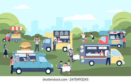 Food festival. Market stalls, cafe trucks and vans with snacks and drinks. City park entertainment or fest, spring summer recent vector scene