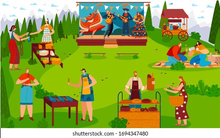 Food festival outdoor, people celebrating traditional cultural event picnic, vector illustration. Musicians in Mexican costume performing on stage, men and women at summer food fair, cartoon character