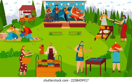 Food festival outdoor, people celebrating traditional cultural event picnic, vector illustration