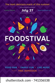 Food Festival poster design template. Vector street fair logotype illustration with fresh fruits, vegetables icons. Graphic firework symbol with cake, hotdog for banner, card, flyer