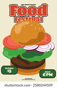 Food festival poster template design background decorated with isometric hamburger modern flat design style. Design element can used for flyer, banner, brochure, print, invitation, vector illustration