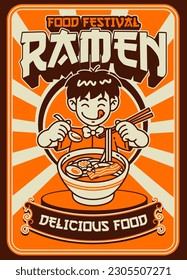 Festival de Comida Ramen Afiche Diseño Estilo Vintage