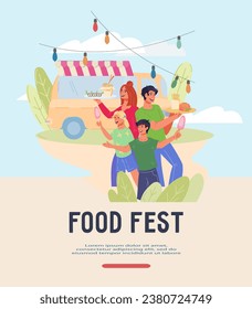 Food festival and street fair banner or poster design with family enjoy delicious culinary delights, flat vector illustration. Food fairs, festivals, and street food events banner or poster.