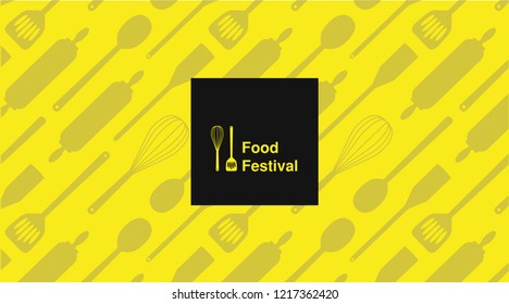 Food festival typography poster. The illustration for menu, restaurant logo, cards, flayers, napkin. Banner template. Elegant vector text with kitchen utencils pattern around it. EPS 10.