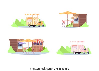 Food festival in urban park semi flat RGB color vector illustration set. Van to sell popcorn. Court with table and chairs. Food fest shops isolated cartoon object pack on white background