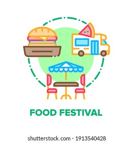 Food Festival Vector Icon Concept. Burger And Pizza, Truck For Cooking Delicious Nutrition And Table With Chairs And Umbrella For Eating Street Fast Food Festival Color Illustration