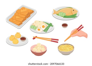 Food for the festive table. Delicious Chinese traditional food. Vector cartoon illustration.