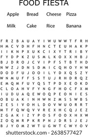 Food fiesta word search puzzle with commonly found foods and fruits.
