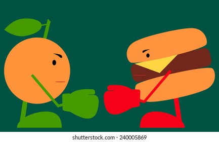 Food fight. Healthy lifestyle concept. Vector illustration