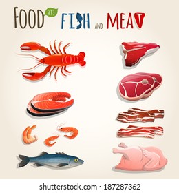 Food fish and meat decorative elements collection of chicken shrimp bacon vector illustration