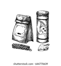 Food for fish and parrots. Delicacy and chalk. Vitamins for the health of pets