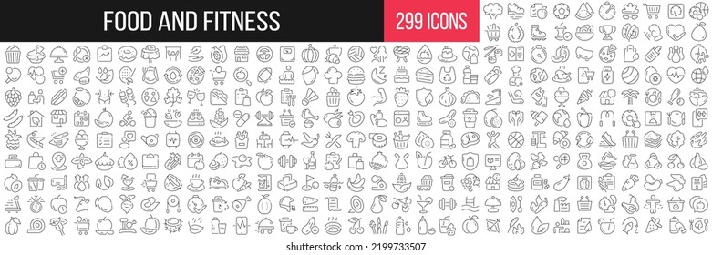 Food and fitness linear icons collection. Big set of 299 thin line icons in black. Vector illustration