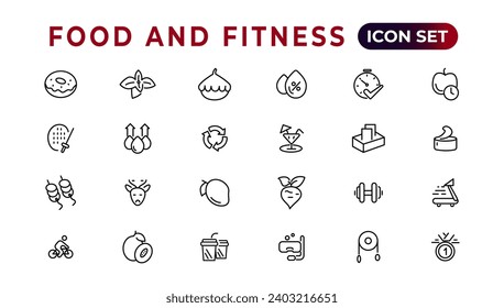 Food and fitness linear icons collection.Set of thin line web icon set, simple outline icons collection, Pixel Perfect icons, Simple vector illustration.
