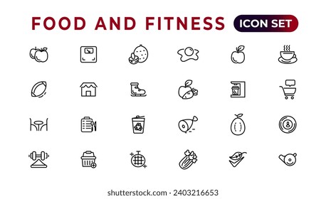 Food and fitness linear icons collection.Set of thin line web icon set, simple outline icons collection, Pixel Perfect icons, Simple vector illustration.
