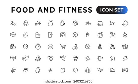 Food and fitness linear icons collection.Set of thin line web icon set, simple outline icons collection, Pixel Perfect icons, Simple vector illustration.
