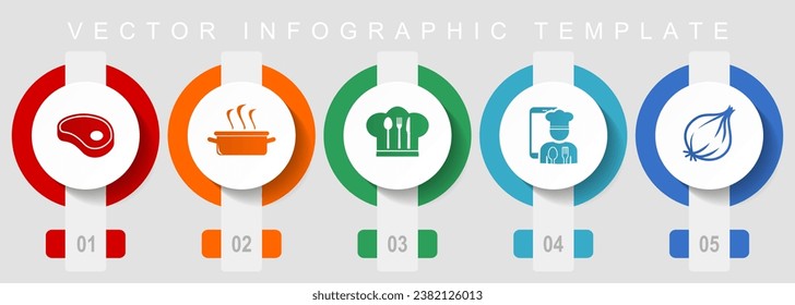 Food flat design icon set, miscellaneous icons such as steak, pot, chef hat and onion, vector infographic template, web buttons collection