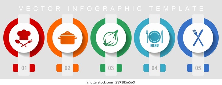Food flat design icon set, miscellaneous icons such as chef hat, pot, onion, menu and cutlery, vector infographic template, web buttons collection
