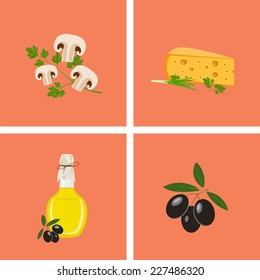food flat design icons set. sliced ??mushrooms piece of cheese bottle of olive oil and black olives. vector illustration