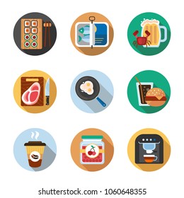 Food flat design long shadow color icons set. Sushi, sprats, cutted steak, fried eggs, soda and burger, coffee to go, cherry jam, coffee machine. Vector silhouette illustrations