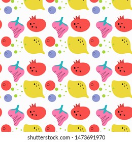 
Food flat hand drawn seamless pattern. Fruits, vegetables. Healthy nutrition texture. Organic food scandinavian illustrations. Diet sketch color cliparts. Kitchen textile, background vector fill 
