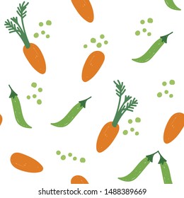 Food flat hand drawn seamless pattern. Carrot and peas. Healthy nutrition texture. Organic vegan food illustrations. Diet sketch color cliparts. Kitchen textile, background vector fill